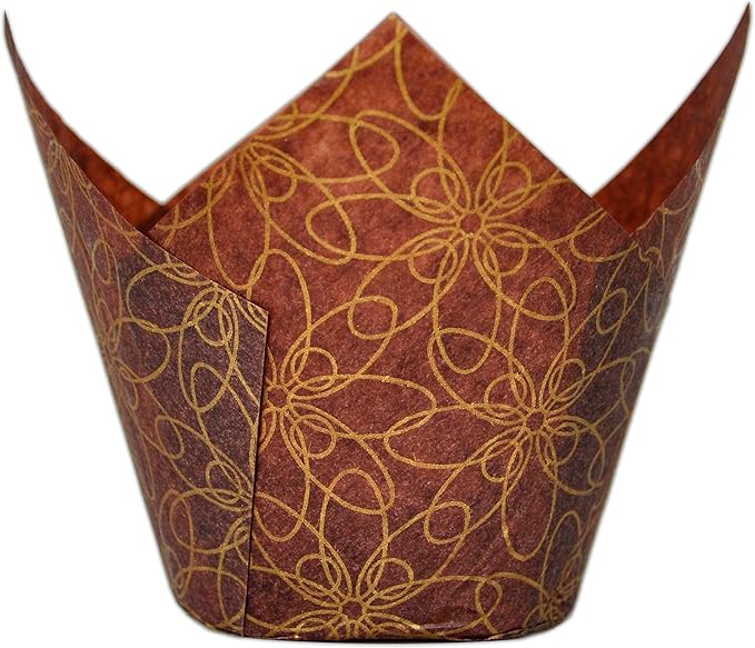 MyBakning (JUMBO Large size) Brown Golden pattern Tulip Baking Cups 2-1/4"(Base diameter) x 3-3/4"(Wall height) Greaseproof paper Muffin liners, Case of 130 pcs