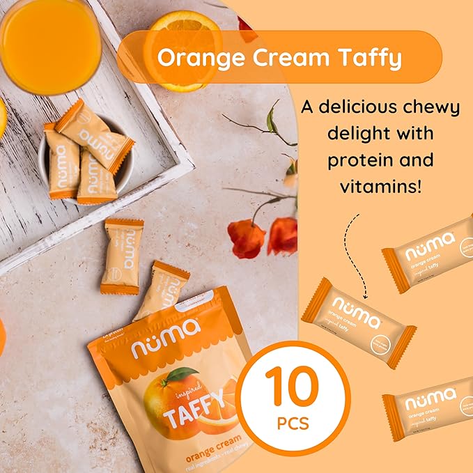Numa Taffy Candy – Orange Cream Made with Real & Simple Ingredients – Low Sugar, High Protein, Low Calorie, All Natural & Gluten Free Nutritious Taffy – 3 bags with 10 Individually Wrapped Chews Each