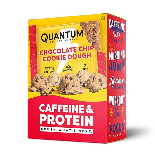 Quantum Energy Square: Energy Bar with Caffeine & 10g Protein. Delicious Healthy Snack On The Go. (Vegan, Gluten-free, Soy-free, Dairy-free) (Chocolate Chip Cookie Dough)