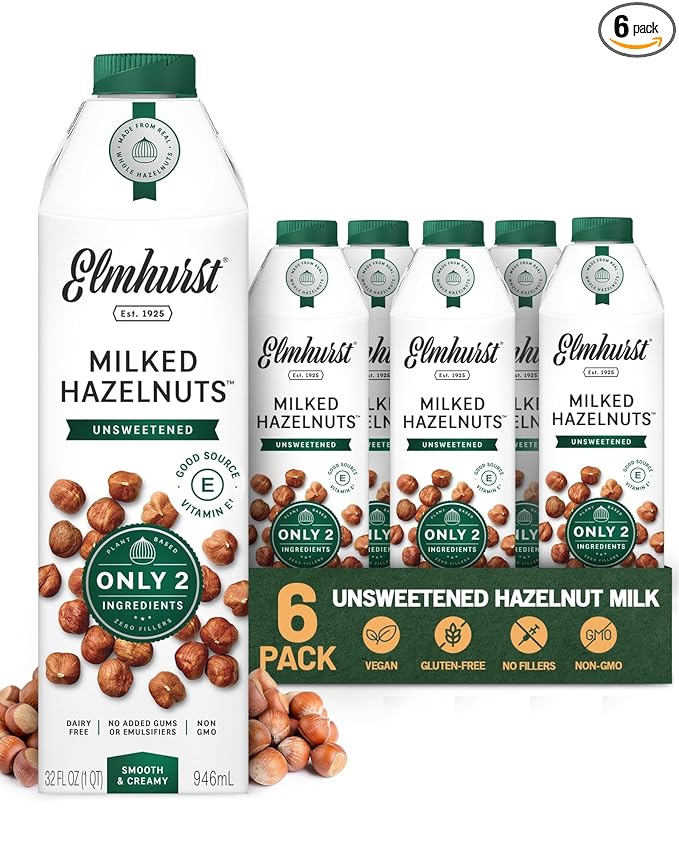 Elmhurst 1925 Unsweetened Hazelnut Milk - 32 Ounce (Pack of 6) Dairy-Free, Gluten-Free, Vegan, Kosher, Shelf Stable Milk Made with Water & Hazelnuts for Healthier, Simpler Plant-Based Alternatives
