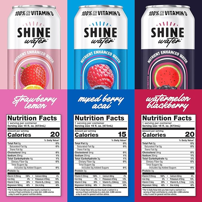 Shine Water Variety Pack Vitamin D Electrolyte Drinks, Sugar Free Flavored Water 6-Pack with Magnesium, Zinc & Antioxidants, Low Calorie Hydration Beverage, Plant-Based Vitamin Water Zero Sugar