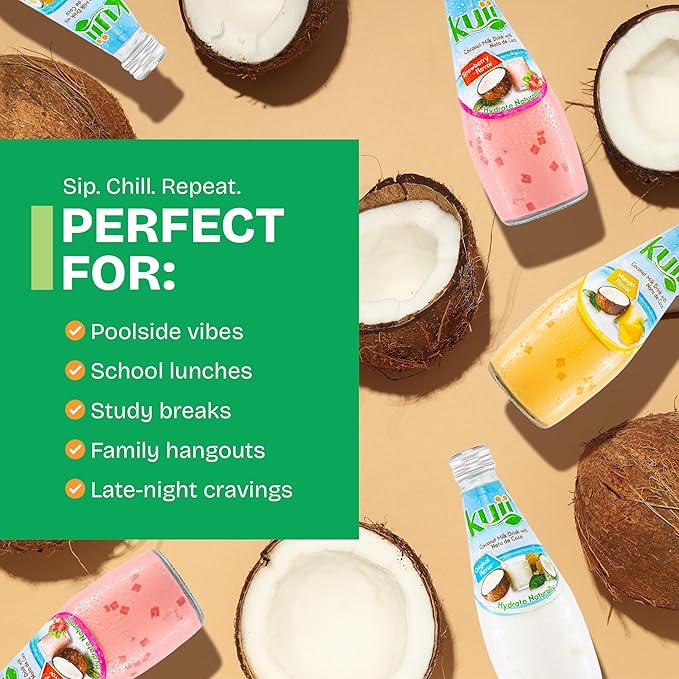 Kuii Coconut Milk Drink Variety Pack – 12 Count with Original Coconut, Strawberry & Mango Flavors – Refreshing Drinks with Nata de Coco for Fun & Fruity Tropical Hydration, 9.8 fl oz Bottles