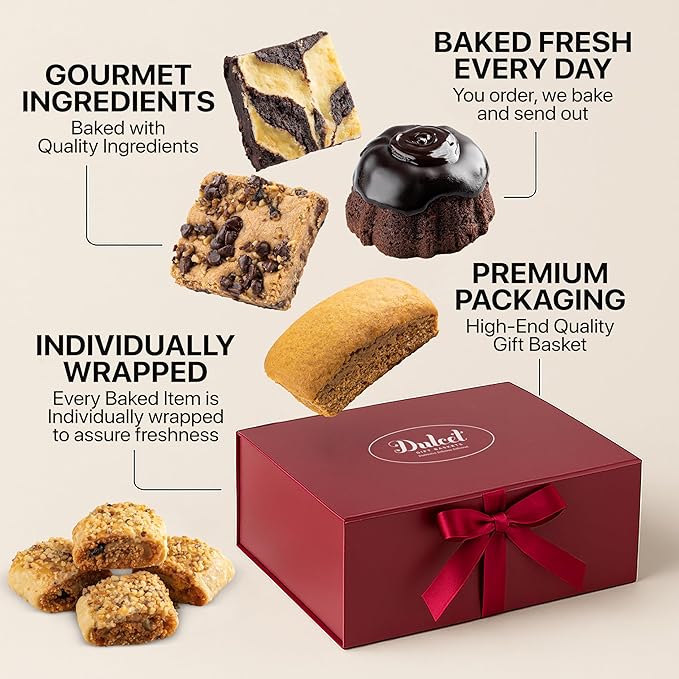 Dulcet Valentines Gift Basket for Her - Premium Magnetic Gift Box with Individually Wrapped Gourmet Cookies & Brownies - Valentines Day Food Basket Individually - Personalized Note Included