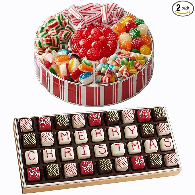 The Swiss Colony Merry Christmas Petits Fours Gourmet Mini Layer Cakes, Red Velvet, Strawberry, Double Chocolate, and Vanilla with Traditional Old Fashioned Candy Hard Candy, Raspberry Drops, and More