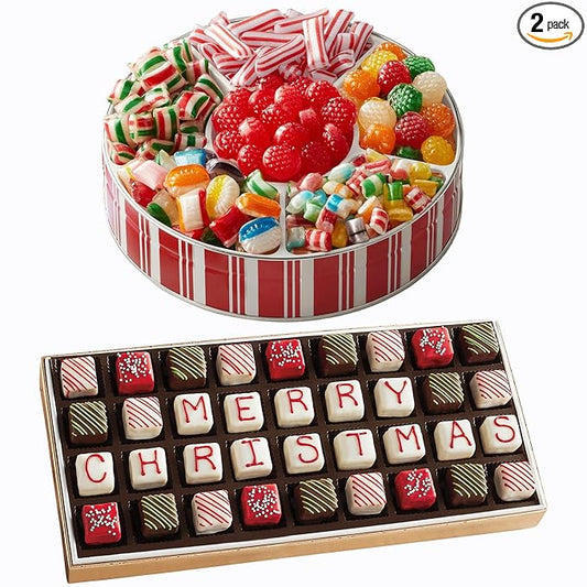The Swiss Colony Merry Christmas Petits Fours Gourmet Mini Layer Cakes, Red Velvet, Strawberry, Double Chocolate, and Vanilla with Traditional Old Fashioned Candy Hard Candy, Raspberry Drops, and More