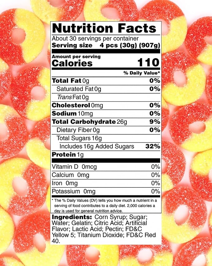Gummy Peach Rings - Fresh, Soft, and Chewy Sugar Dusted Gourmet Peach Rings Candy Bulk, by Queen City Candy Cave (2 Pound)