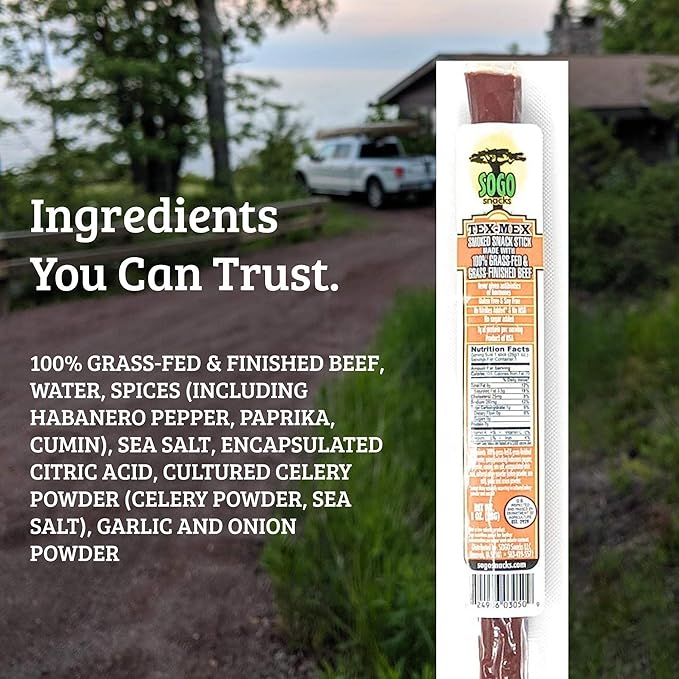 Spicy Habanero Tex-Mex, Sogo Snacks, 100% Grass Fed Beef Sticks. No Sugar, Nitrates, Nuts, MSG. Non-GMO. Gluten Free Beef Jerky. Soy Free, Dairy Free Snacks. Paleo & Keto Snack (Tex-Mex, 72 Cnt)