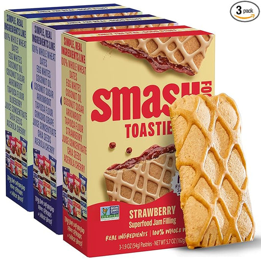 Smash Foods Toasties Variety 3 Pack – Healthy Whole Wheat Toaster Pastries Strawberry, Blueberry, Grape – No Refined Sugar, Real Fruit Filling – 9 Pastries Total – Non-GMO, Simple Real Ingredients (Variety)