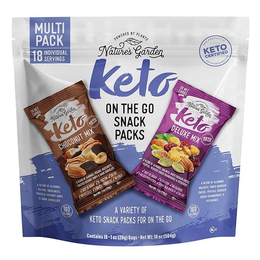 Nature’s Garden Keto On The Go Snack Packs – Keto Choco Nut Mix, Keto Deluxe Mix, Mixed Nuts, Savory and Sweet Snacks, Keto-Friendly, Crunchy Snack – 1 Oz Bags (18 Individual Servings)