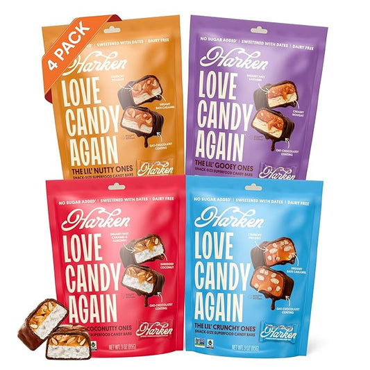 Harken Sweets Lil’ Ones Variety Pack, Mini Oat Milk Chocolate Candy Bars, Sweetened with Dates, No Sugar Added, High Fiber Snack, Dairy Free, Lower Calorie, Plant-Based, 4 Pouches (20 Bars)