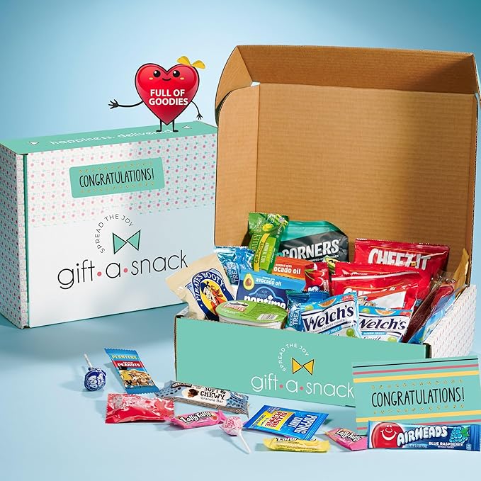 Gift A Snack - Congratulations Snack Box Variety Pack Care Package + Greeting Card (45 Count) Graduation Sweet Treats Gift Basket, Candies Chips Crackers Bars - Office Food Assortments