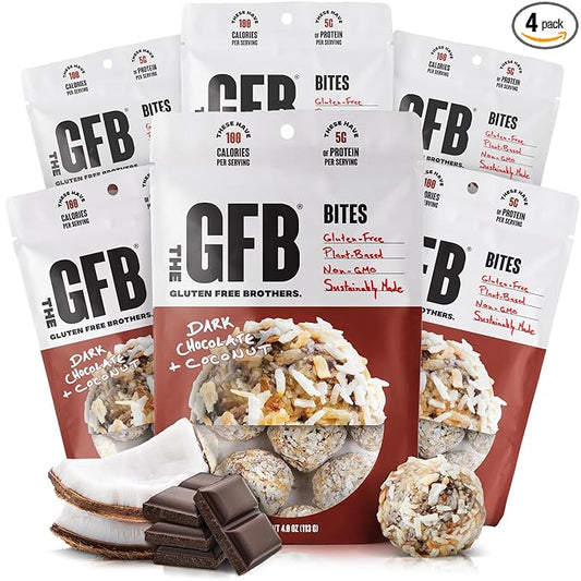 The GFB Dark Chocolate Coconut Protein Bites - Gluten Free, Plant Based, Non GMO, Sustainably Made – Ridiculously Tasty, Healthy, Vegan, Protein Energy Balls, 4 oz (4 Count)