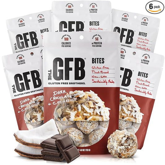 The GFB Dark Chocolate Coconut Protein Bites - Gluten Free, Plant Based, Non GMO, Sustainably Made – Ridiculously Tasty, Healthy, Vegan, Protein Energy Balls, 4 oz (6 Count)