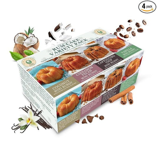 Great Spirits Baking Rum Runner Variety Pack, 4 Mini Bundt Cakes (4oz), Coconut, Vanilla, Cinnamon Pecan, Cappuccino Chip, Non-Alcoholic Gourmet Desserts, Less than 0.5% Alcohol, Artisan Crafted, Ideal for Special Occasions, Caribbean Inspired Flavors