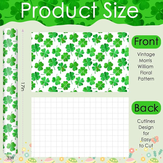 Fabllewavi 1 Roll Shamrock Wrapping Paper Mini Roll - 17in x 32.8Ft Reversible Green Clover Pattern Gift Wrap Paper for St. Patrick's Day DIY Crafts Irish Party Supplies