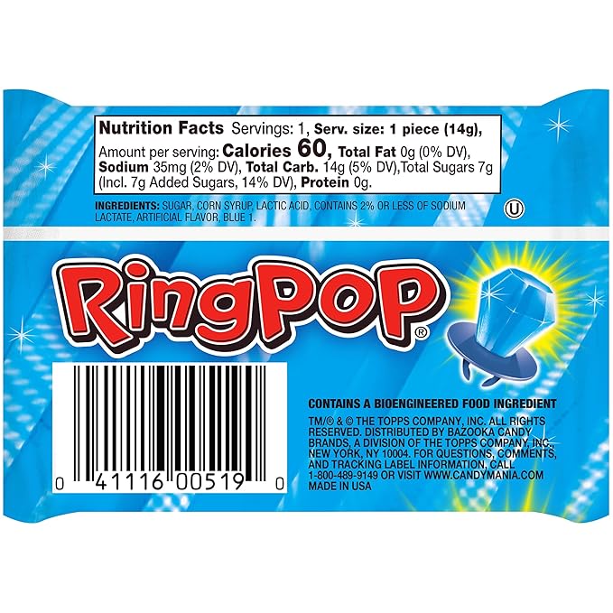 Ring Pop Blue Candy, 30 Ct Individually Wrapped Bulk Lollipop Pack, Blue Raspberry Flavored Lollipop Suckers for Kids, Fun Candy Bulk for Valentine's Gifts, Goodie Bags, Party Favors