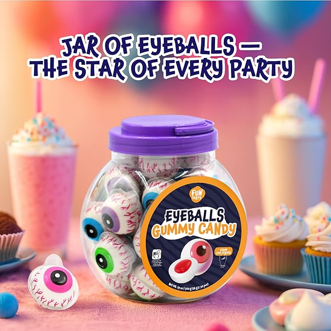Eyeballs Gummy Candy - 19 Oz Jar (30 Count) - Strawberry Jelly Filled Gummies - Individually Wrapped Candy - Party Favors - Spooky Eyes Gummies by Funtasty