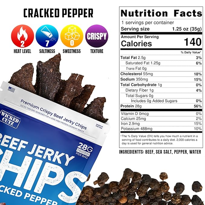 Wicked Cutz Jerky Chips Variety Pack, Up to 28g Protein Per Bag, Cracked Pepper, Teriyaki, Roasted Red Pepper, & Korean BBQ Flavored Beef Jerky Crisps, USA Made High Protein Carnivore Snacks (4 Bags)