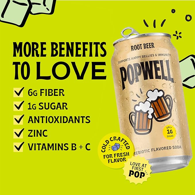 Popwell Root Beer Better-For-You Prebiotic Soda, with 6g Fiber, 1g Sugar, Vitamins and Immunity Support, 12 fl oz Cans (pack of 12)
