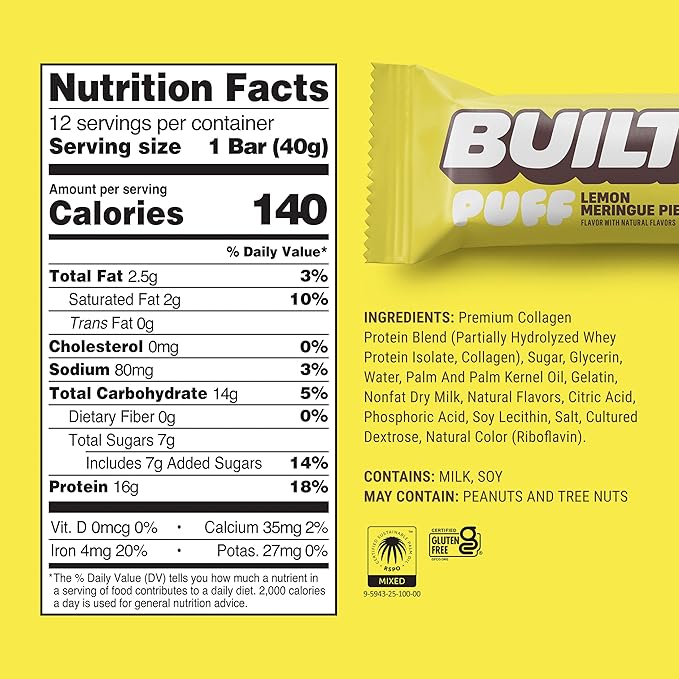 Built Bar Puff Protein Bars, Lemon Meringue Pie, Collagen, On-the-go Snacks, Gluten Free, 12 Pack