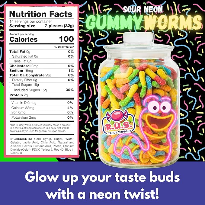 Sour Neon Gummy Worms – 1 Pound Bag | R.U.S. Candy Company | Tangy, Fruity, Chewy Candy | Bright & Fun Party Treats, Snack Bags, Movie Night, Birthday & Holiday Candy (1 Pound)