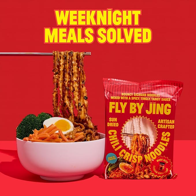 FLYBYJING Chili Crisp Noodles - Sun-Dried, Wavy Asian Instant Noodles Tossed in Sichuan Chili Crisp Sauce - Ready in 6 Minutes - Vegan, High Protein, No MSG, 4.02 oz (Pack of 6)