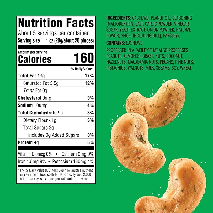 Emerald Nuts Dill Pickle Seasoned Cashews (1-Pack), 5oz Resealable Bag, Non-GMO, Contains No Artificial Preservatives, Flavors or Synthetic Colors
