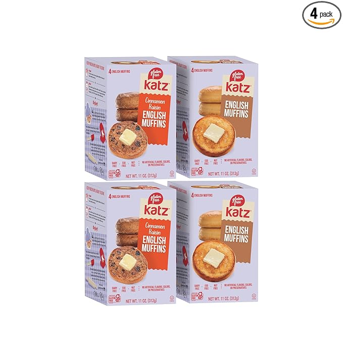 Katz Gluten Free English Muffin Vegan Variety Pack | 2 x Plain, 2 x Cinnamon Raisin | Dairy, Nut and Gluten Free | Kosher (4 Muffins per Pack)
