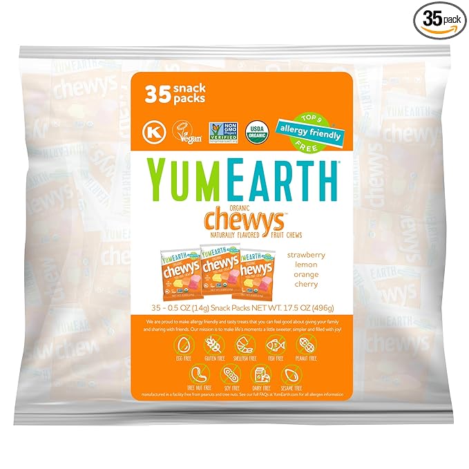 YumEarth Organic Chewys Fruit Flavored Candy Chews - Allergy Friendly, Gluten Free, Non-GMO, Vegan, No Artificial Dyes - Assorted Flavors 35ct Bulk Bag