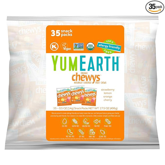 YumEarth Organic Chewys Fruit Flavored Candy Chews - Allergy Friendly, Gluten Free, Non-GMO, Vegan, No Artificial Dyes - Assorted Flavors 35ct Bulk Bag