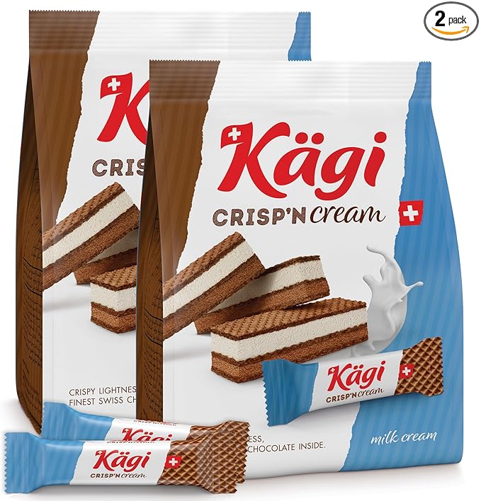 Swiss Milk Chocolate Mousse Filled Wafers by Kägi, Individually Wrapped Snacks, Chocolate Gift, Kägi Crisp'n Cream Milk Cream, 2-Pack, 88g Bags