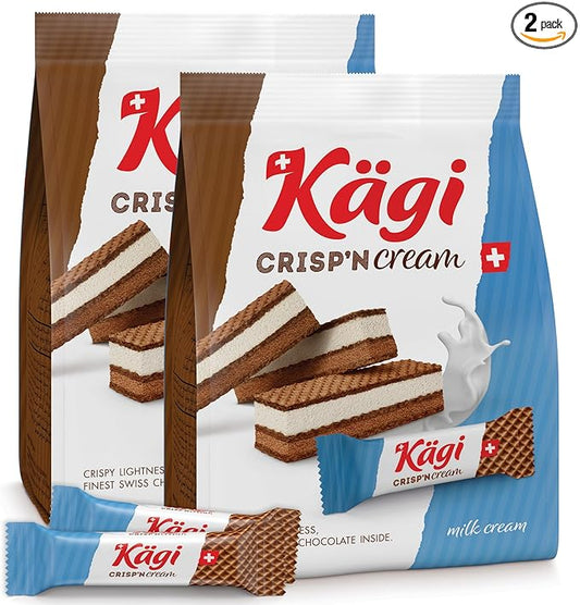 Swiss Milk Chocolate Mousse Filled Wafers by Kägi, Individually Wrapped Snacks, Chocolate Gift, Kägi Crisp'n Cream Milk Cream, 2-Pack, 88g Bags