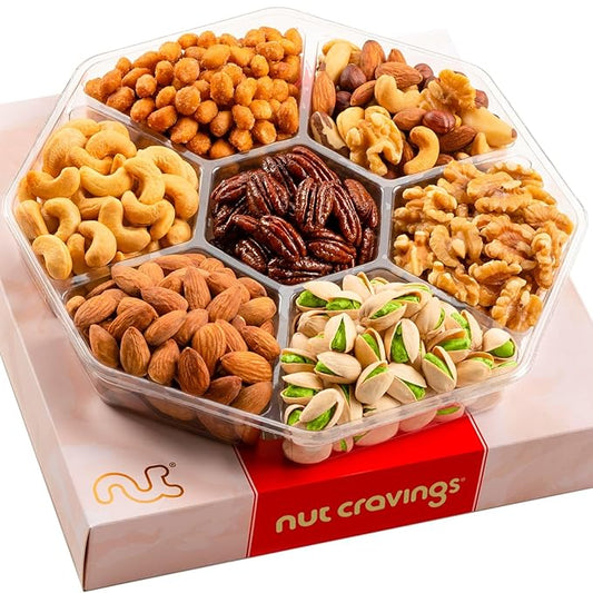 NUT CRAVINGS - Valentines Day Mixed Nuts Gift Basket in Red Gold Box (7 Assortments, 1 LB) Treats for Adults, Food Arrangement, Healthy Snack Care Package, Kosher