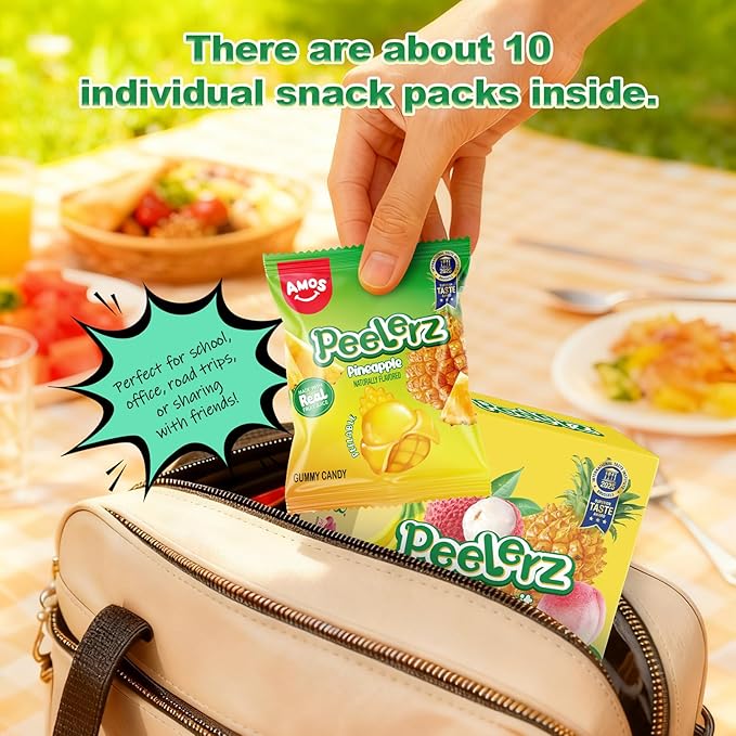 AMOS Peelerz Exotic Fruit Peelable Gummy Candy – 5 Fruit Flavors (Mango, Peach, Banana, Pineapple, Lychee), 8.47oz (240g), Individually Wrapped
