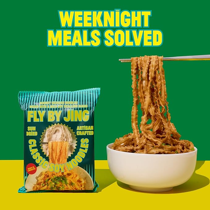 FLYBYJING Classic Soy Noodles - Sun-Dried, Wavy Asian Instant Noodles Tossed in Savory Soy Scallion Sauce - Ready in 6 Minutes - Vegan, High Protein, No MSG, 3.45 oz (Pack of 6)