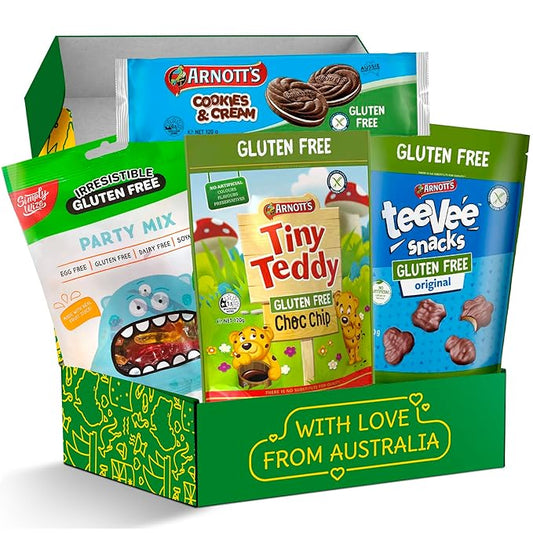 Gluten-Free Snack Box - Premium Assorted Cookies & Treats - Includes Simply Wize Party Mix, Tiny Teddy Choc Chip, TeeVee Snacks & More - Coeliac Friendly Gift (Pack of 4)