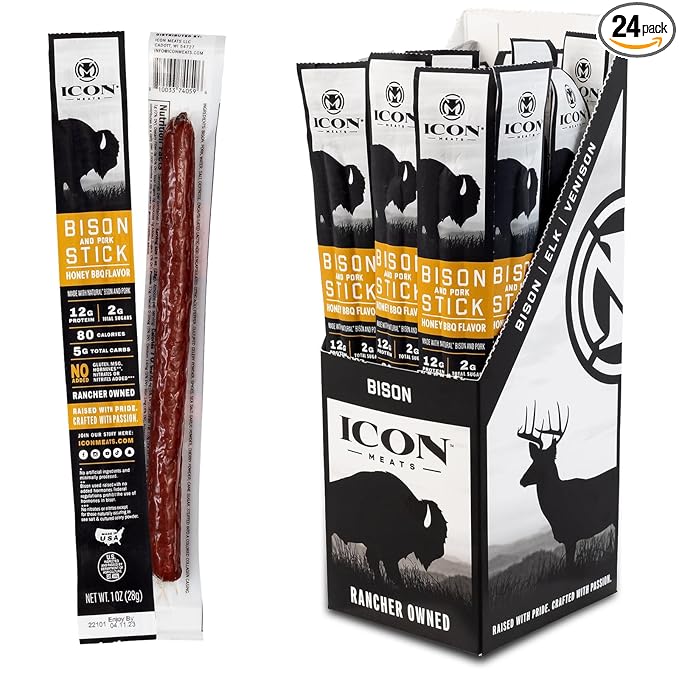 ICON Meats Bison and Pork Snack Sticks, Honey BBQ, 24 Pack of High Protein Snacks, Low Sugar, Natural Jerky Meat Sticks, Gluten Free, USDA Inspected, Made in the USA, Gifts or Stocking Stuffers