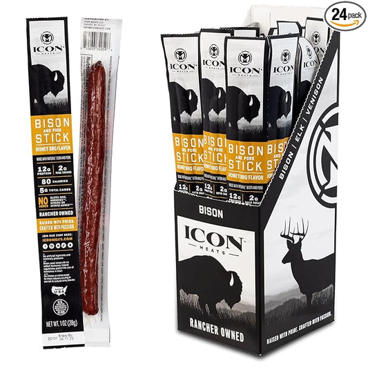 ICON Meats Bison and Pork Snack Sticks, Honey BBQ, 24 Pack of High Protein Snacks, Low Sugar, Natural Jerky Meat Sticks, Gluten Free, USDA Inspected, Made in the USA, Gifts or Stocking Stuffers