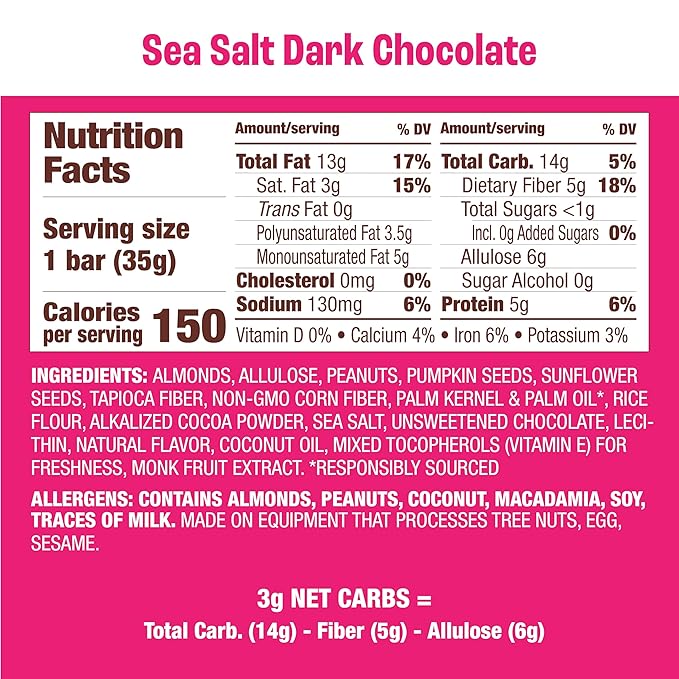 Munk Pack Sea Salt Dark Chocolate Nut & Seed Snack Bars | 5g Protein, 1g Sugar, 3g Net Carbs | Plant-Based, Low Sugar, Non-GMO, Gluten-Free Snacks | 12 Count (4.92 oz)