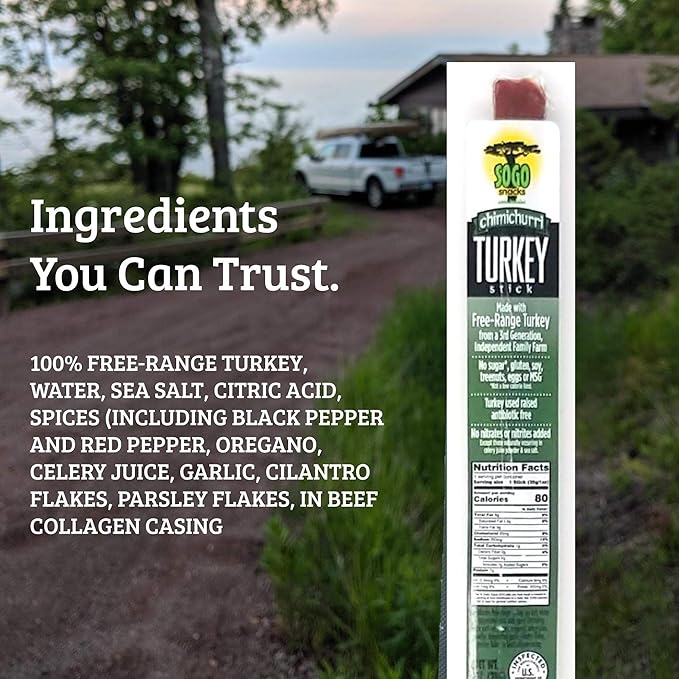 Chimichurri Turkey, Sogo Snacks, No Sugar, Low Carb, Free-Range from a 3rd Generation, Independent Family Farm. Gluten Free, Hiking Snacks. Keto, Whole, Paleo Friendly (Chimichurri Turkey, 48 Count)