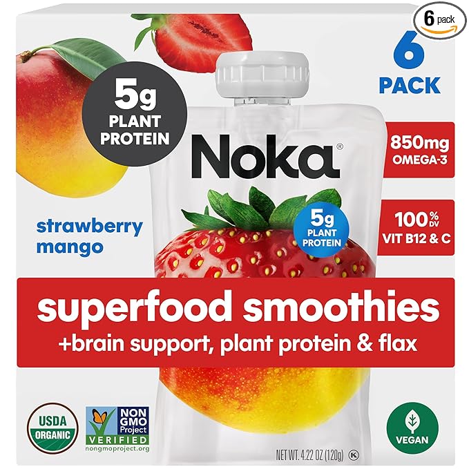 Noka Superfood Fruit Smoothie Pouches Ready to Drink with Brain Support, Healthy Snacks w/ 850mg Omega-3 Flax Seed Plant Protein Vegan Gluten Free Organic Fruit Squeeze Pouch Strawberry Mango 4.22 oz 6 Count