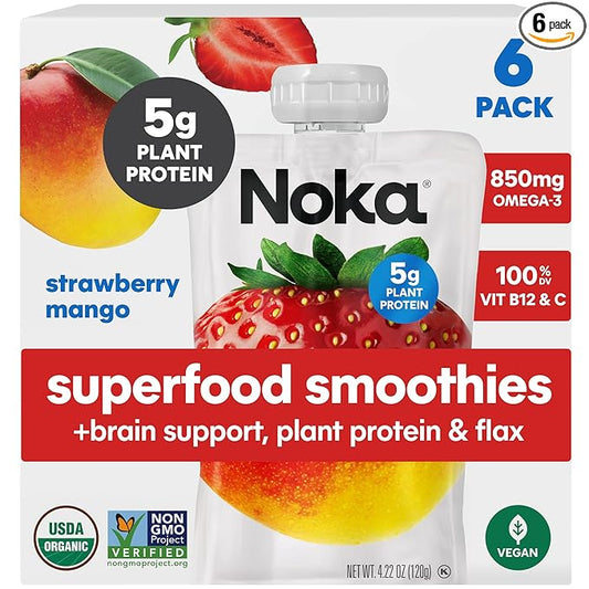 Noka Superfood Fruit Smoothie Pouches Ready to Drink with Brain Support, Healthy Snacks w/ 850mg Omega-3 Flax Seed Plant Protein Vegan Gluten Free Organic Fruit Squeeze Pouch Strawberry Mango 4.22 oz 6 Count