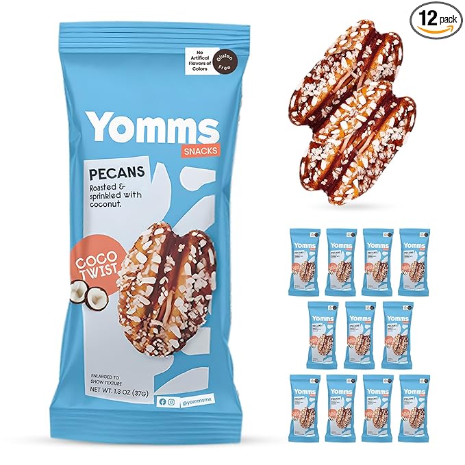 Yomms Coco Twist Glazed Whole Pecan Halves, 15.6 oz (12 Pack), Gluten-Free & Non-GMO Healthy Dessert Snacks – Low Sugar Coconut & Crunchy Candied Nut Pouches – Gourmet Roasted Snacking Pecans – 1.3oz Individual Bags