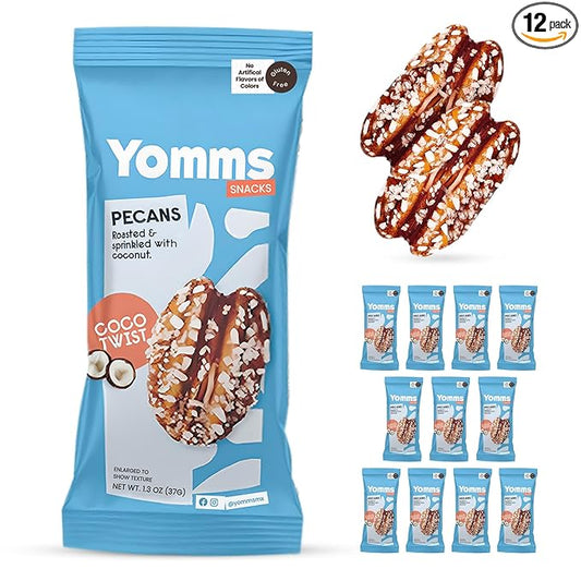 Yomms Coco Twist Glazed Whole Pecan Halves, 15.6 oz (12 Pack), Gluten-Free & Non-GMO Healthy Dessert Snacks – Low Sugar Coconut & Crunchy Candied Nut Pouches – Gourmet Roasted Snacking Pecans – 1.3oz Individual Bags