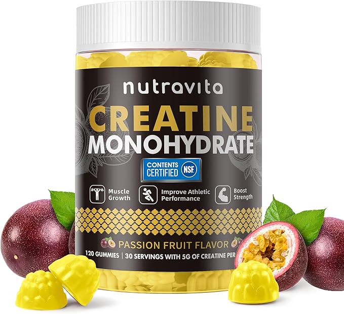 Nutravita NSF Certified Creatine Gummy - Creatine Monohydrate Gummies for Men & Women-5g of Creatine Monohydrate per Serving - Sugar Free,Vegan, Passion Fruit Flavor, 120 Count