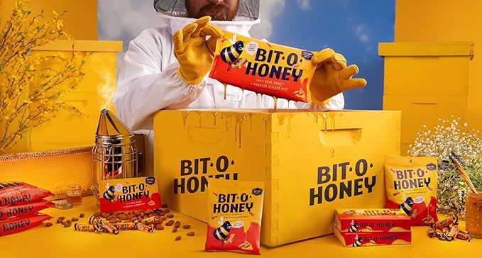 Bit O Honey Candy - Individually Wrapped Honey Taffy with Roasted Almond Bits, Gluten-Free, Classic Bite-Sized Treats, Sweet and Chewy Taffy Candy Bulk Bag - 5 LBS