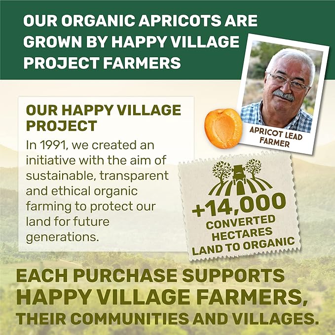 Happy Village Organic Turkish Dried Apricots, No Sugar Added Dried Fruit, 40 OZ Resealable Pack - Kosher, Non-GMO, Unsweetened, Unsulfured, Vegan Sun-Dried Apricot