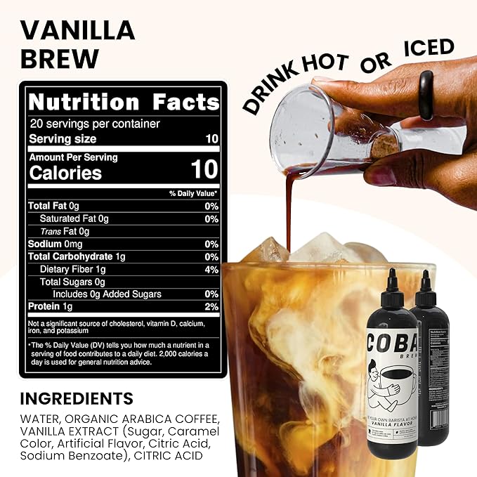 COBA Premium Coffee Concentrate: Bold & Extra Strong Kick - 20x Cups | Instant Cold Brew/ Hot Coffee in Seconds | Specialty, Fair Trade, Organic, Medium Roast, Dairy Free | 2 TEASPOONS/Cup | Rich Flavor (8 Fl Oz (Pack of 1), Vanilla)