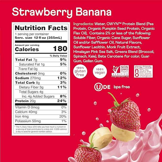 OWYN Only What You Need Strawberry Banana Flavored Protein Shake Liquid, 20g Protein, 4g Sugar, 3g Fiber, Dairy-Free, Plant-Based Protein Drink, 12 Count