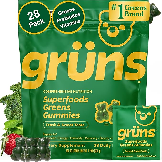 Gruns Adults Super Greens Multivitamin Gummies, Superfood Vitamin Gummy Bears with Spirulina, Chlorella, Prebiotic Fiber for Digestive Health, Adaptogens Supplement, 20 Vitamins & Minerals, 28 Count